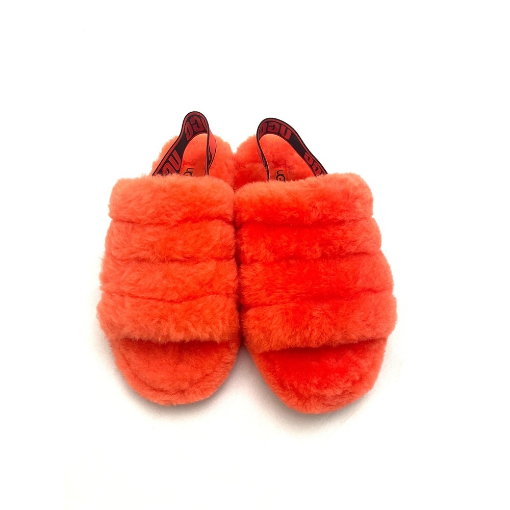 NEW UGG Fluff Yeah Slide Womens 6 Neon Coral Sheepskin Strap Slipper 1095119